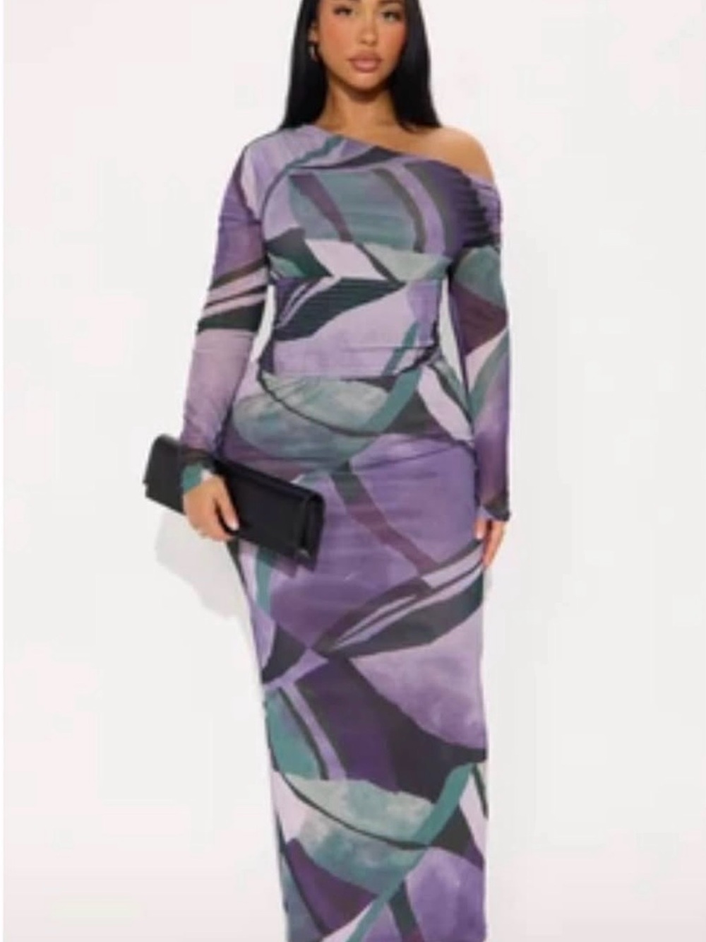 Fashion Nova Purple Abstract One-Shoulder Maxi Dress